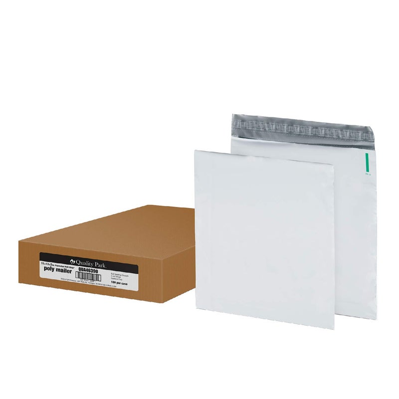 Quality Park 11 x 13 Poly Shipping Mailers, 2" Expansion, Redi-Strip, Self Sealing, Water-Resistant, Tamper Evident, Recycled White, 100 per Box (QUA46390) - Image 1